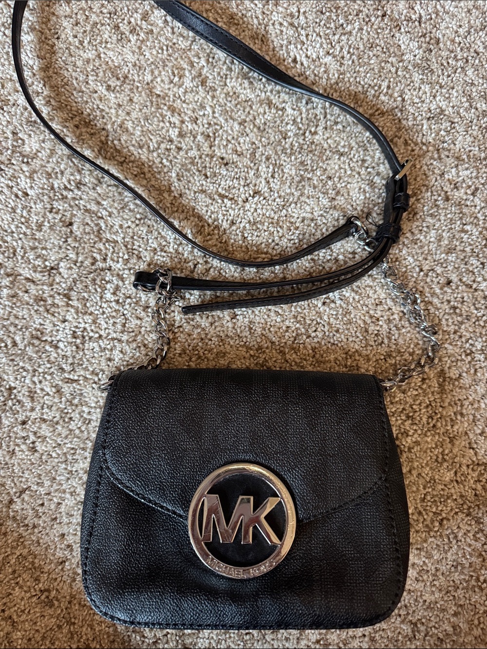 Michael Kors Black Leather Crossbody with Silver MK Emblem